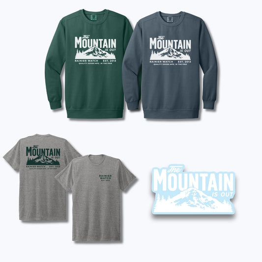 The Mountain is Out - Crewneck & EcoTee & Sticker Bundle