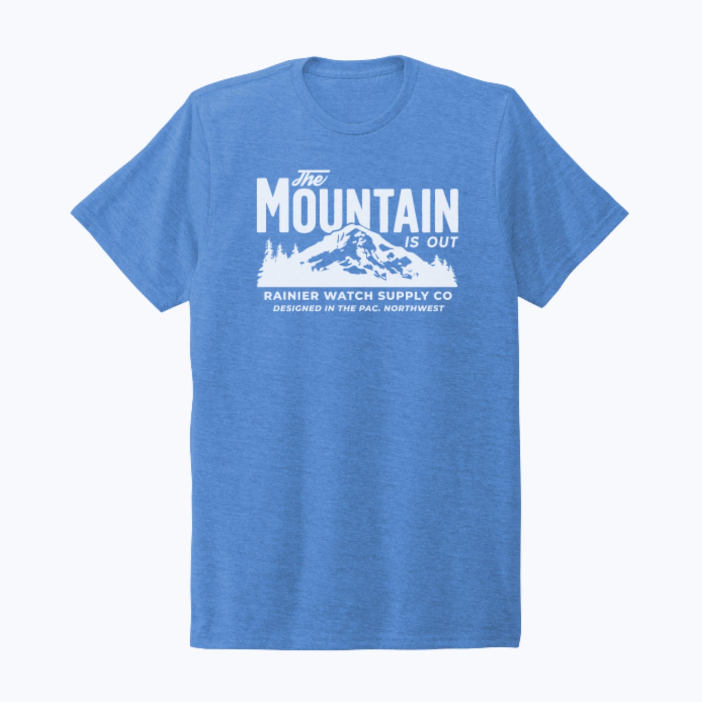 The Mountain Is Out Unisex Eco Tee - Front - Azure Blue