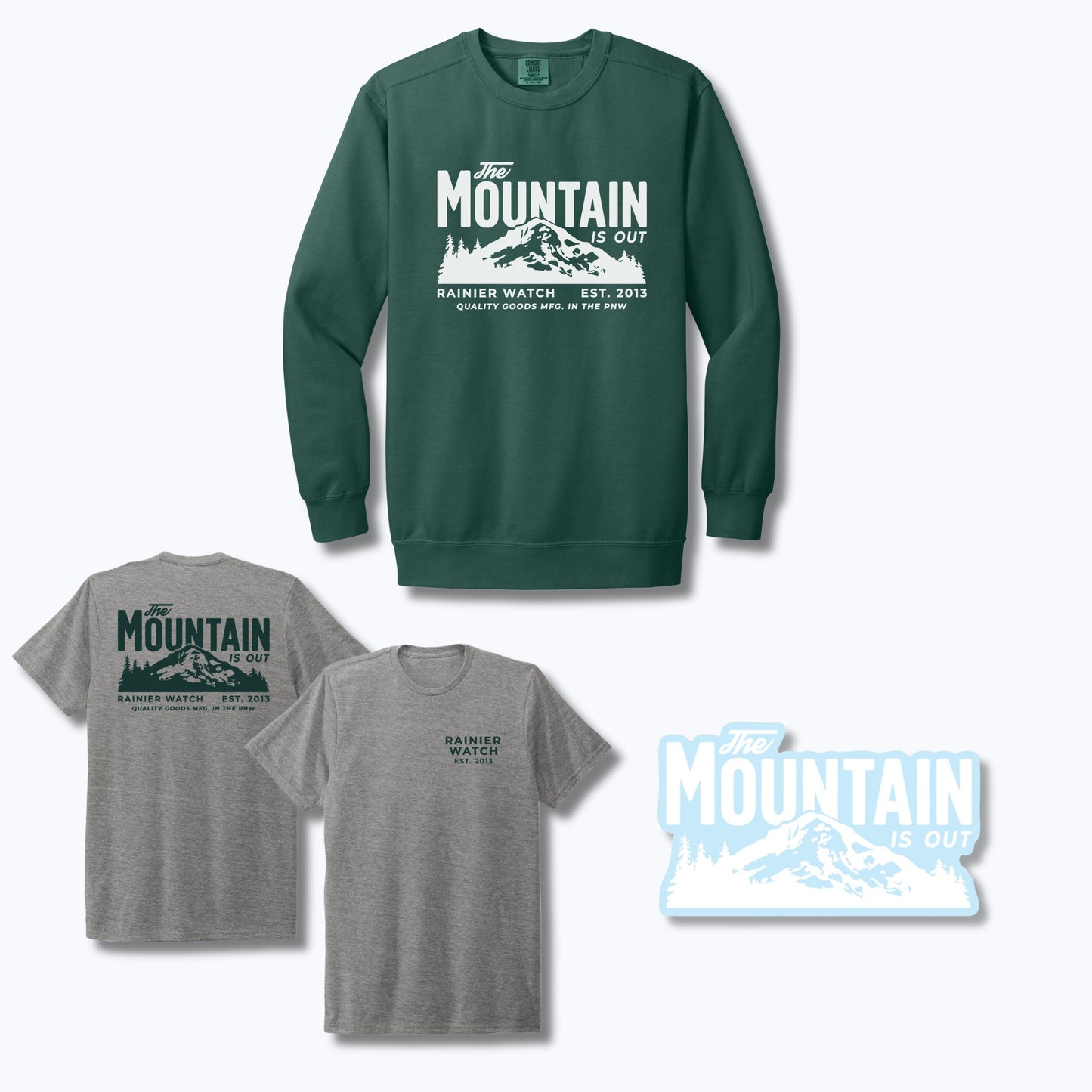 The Mountain is Out - Crewneck & EcoTee & Sticker Bundle