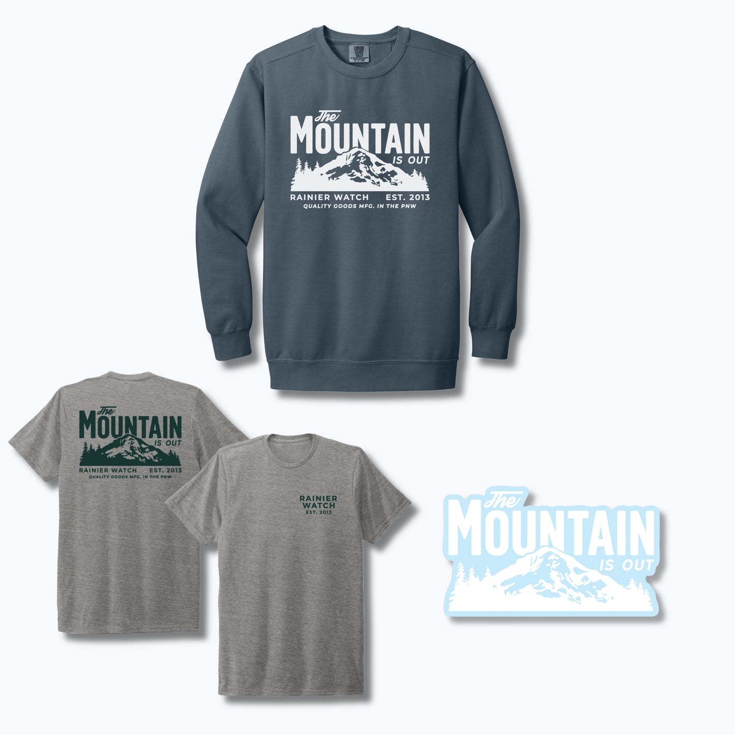 The Mountain is Out - Crewneck & EcoTee & Sticker Bundle