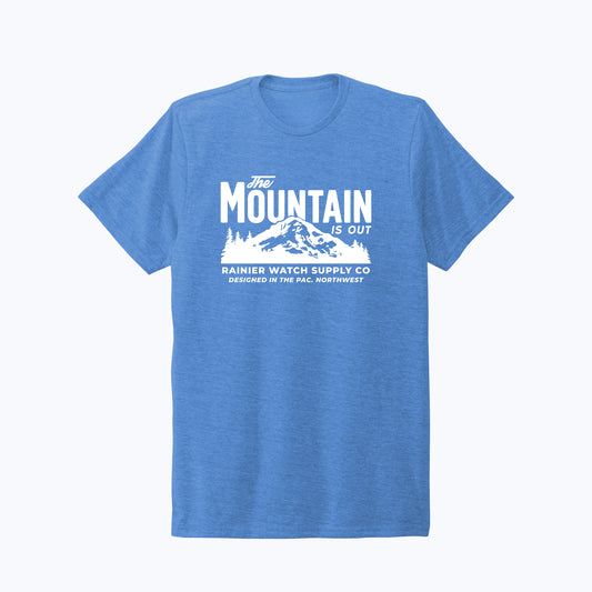 The Mountain Is Out Unisex Eco Tee - Front - Azure Blue