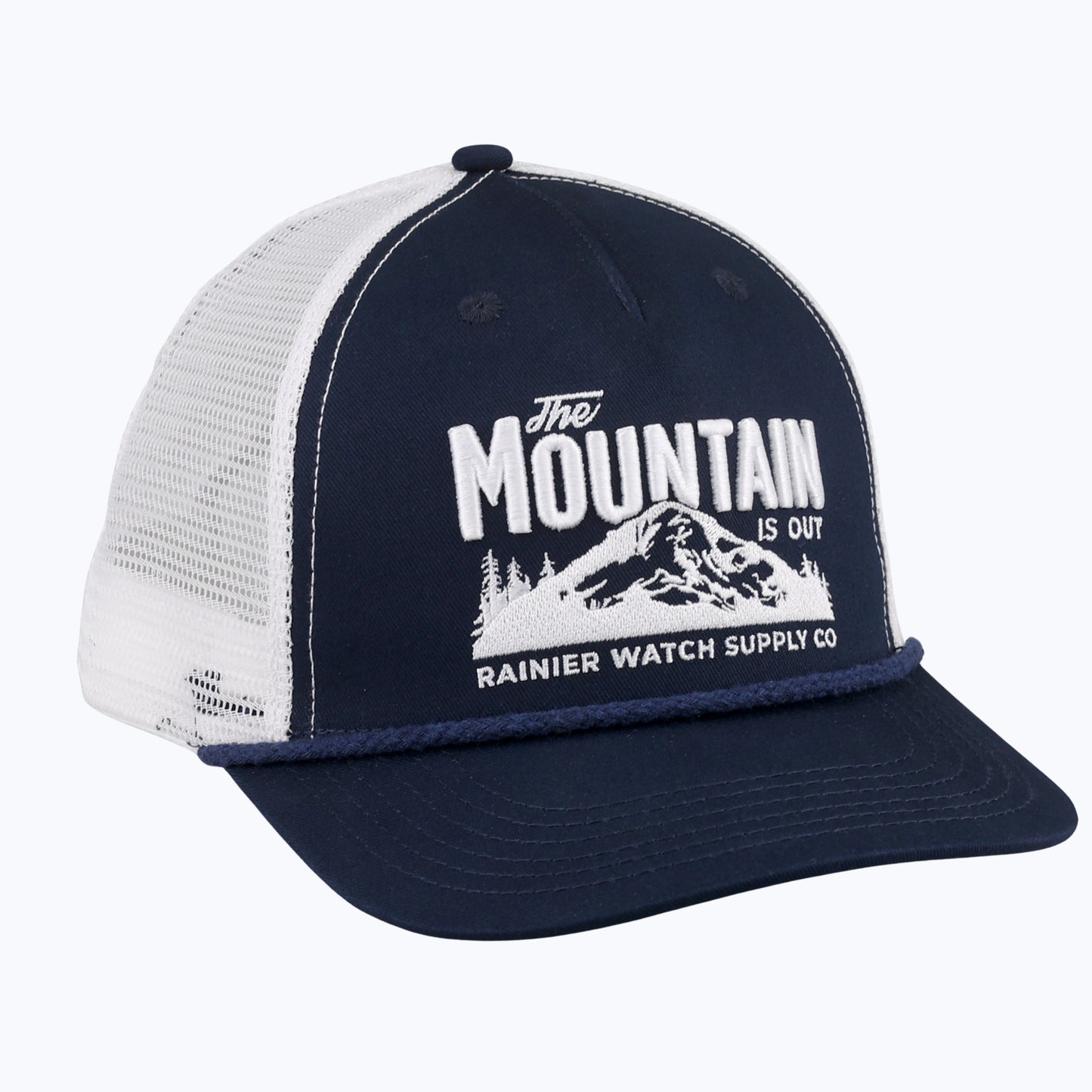 The Mountain Is Out Rope Trucker Snapback Cap - Navy/White
