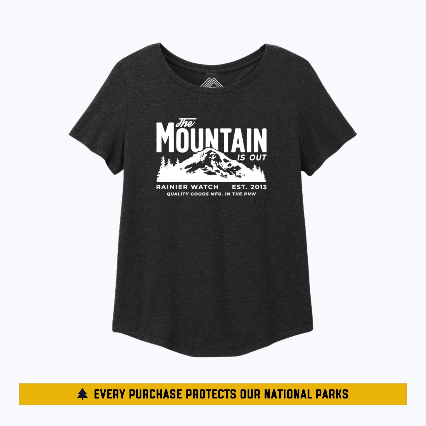 The Mountain Is Out Womens Eco Tee - Heather Black - Relaxed, Scoop Neck